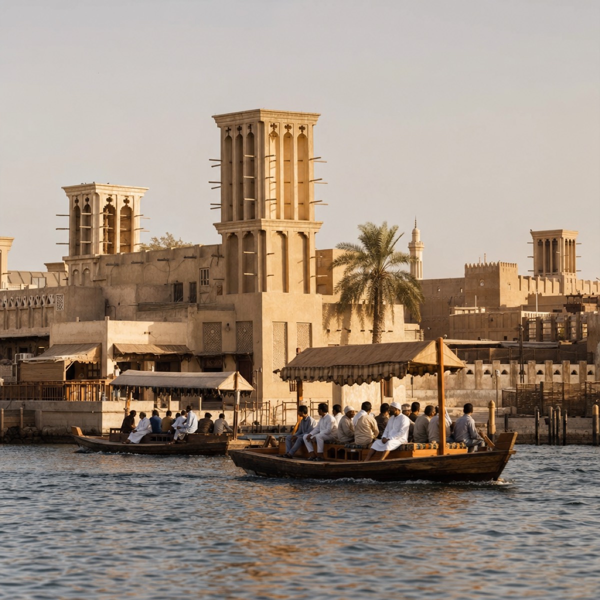Traditional wind-tower houses and wooden abra water taxis on Dubai Creek in the historic Al Fahidi district