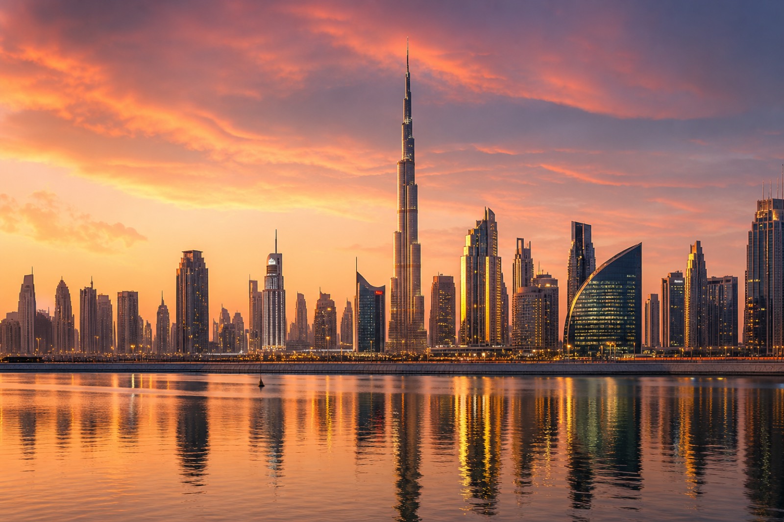 Dubai skyline glowing gold at dusk with the Burj Khalifa rising above the city