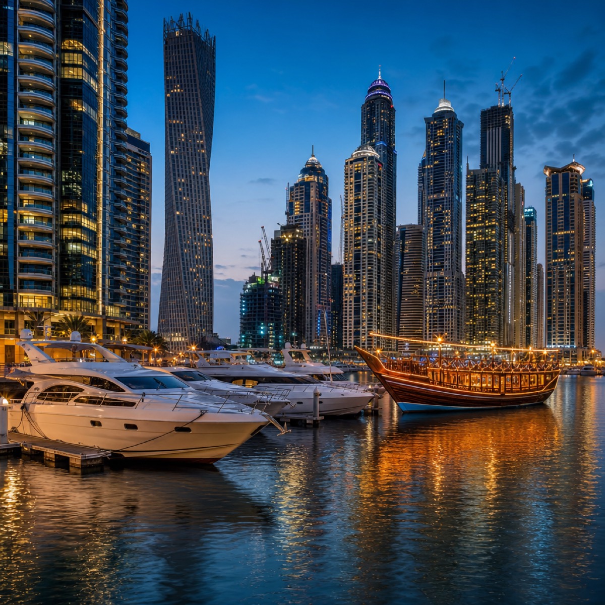 Dubai Marina at night with illuminated towers reflected on the water