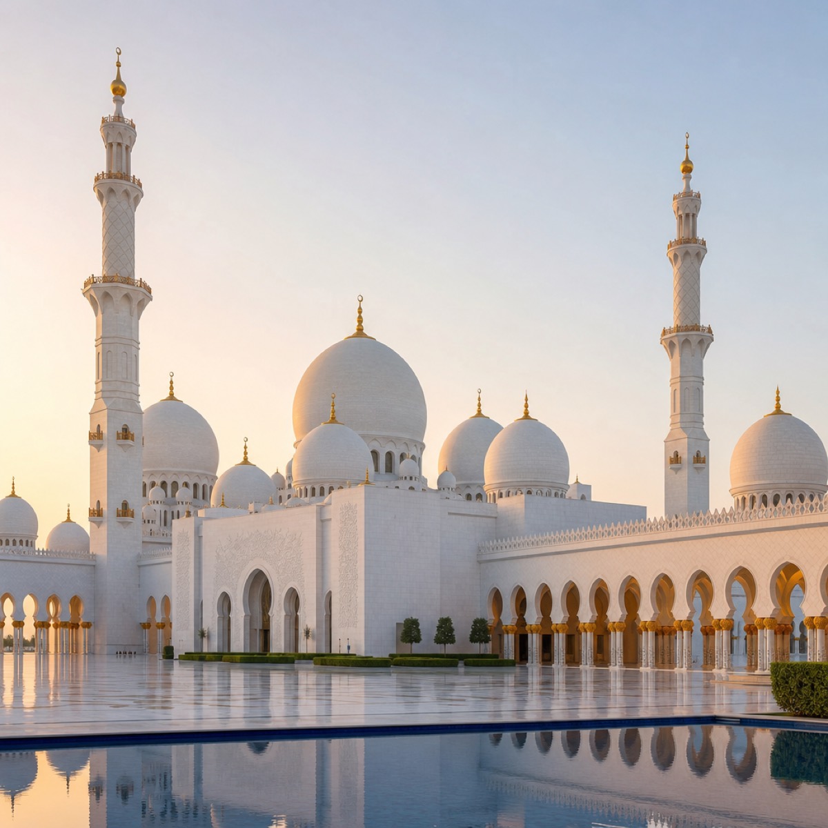 White marble mosque with domes and minarets at morning light