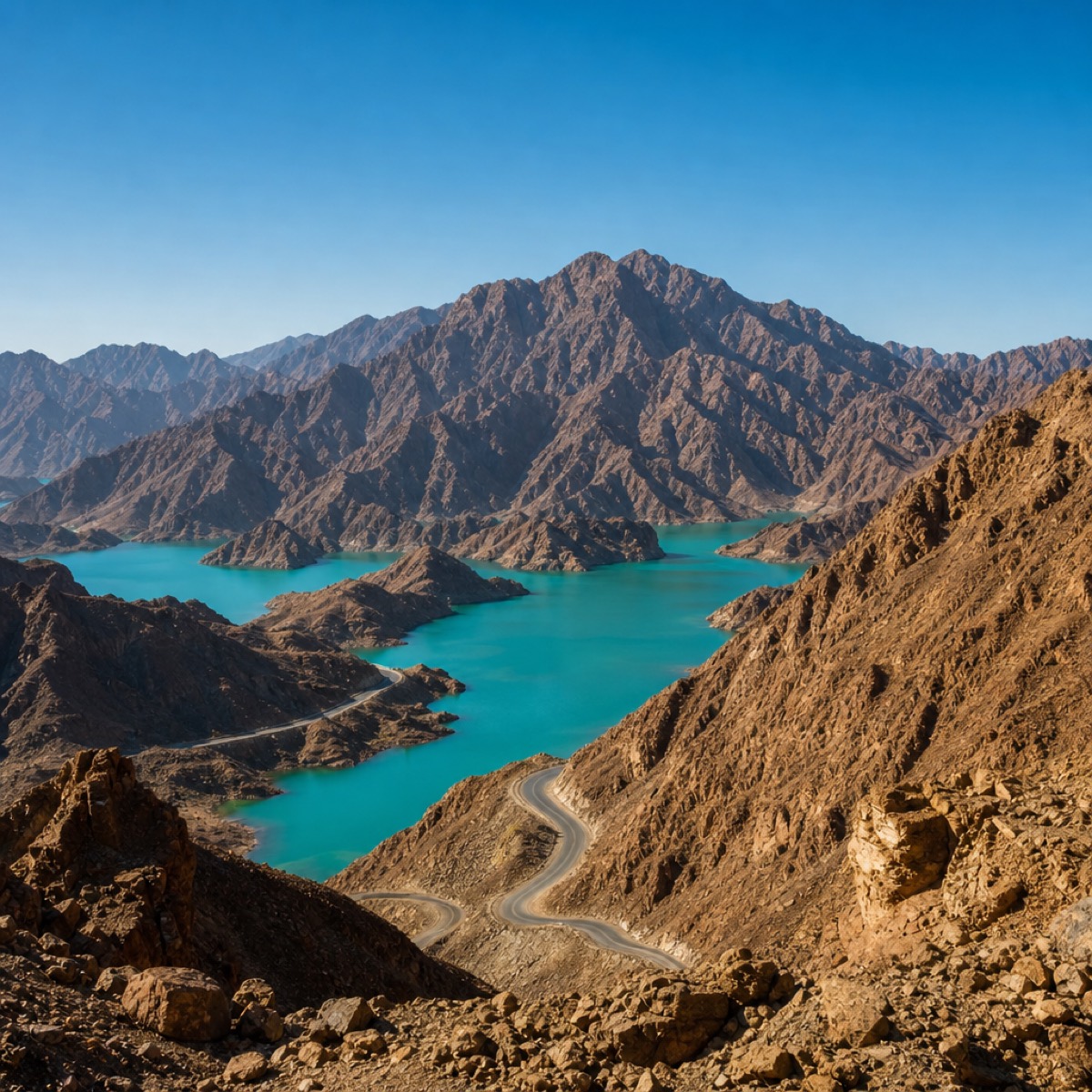 Rugged Hajar Mountains above a turquoise reservoir