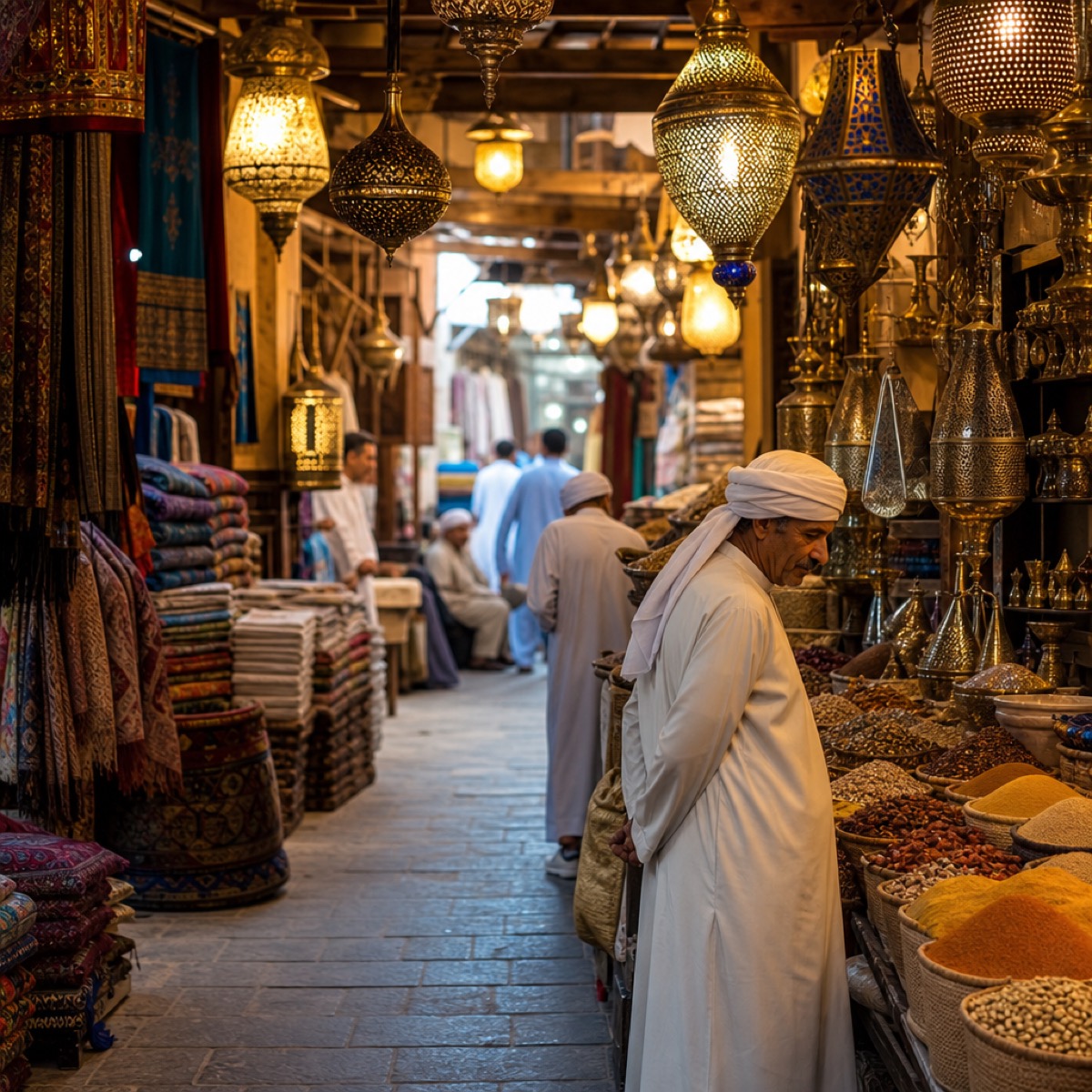 Traditional souk interior with lanterns and textiles